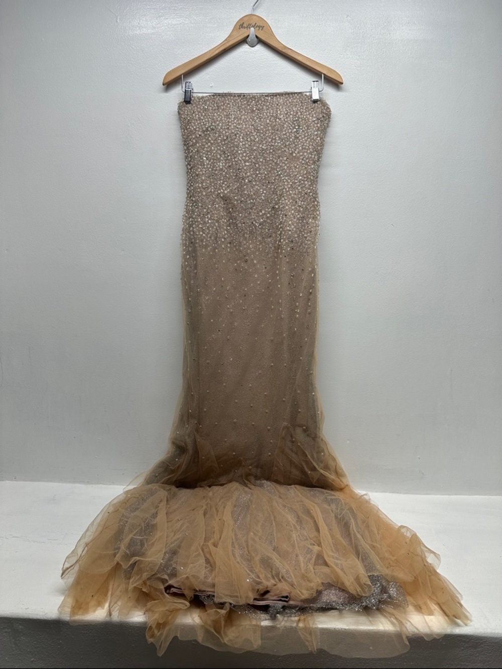 Rene Ruiz Strapless Gown Dress Maxi Long Beaded Column Tulle Nude Beige Size 2
